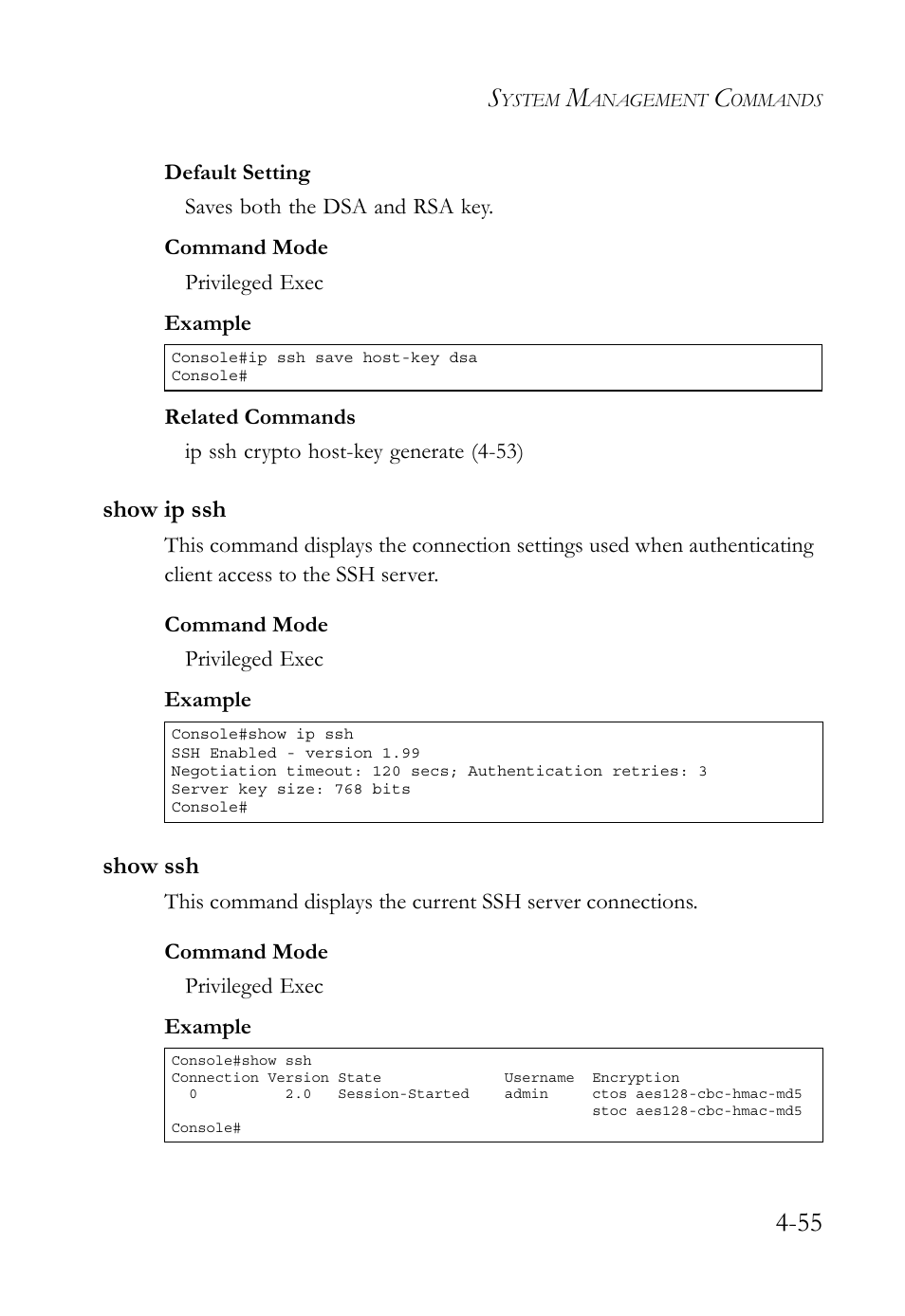 Show ip ssh, Show ssh, Show ip ssh -55 show ssh -55 | SMC Networks TIGERSWITCH SMC6752AL2 User Manual | Page 295 / 516