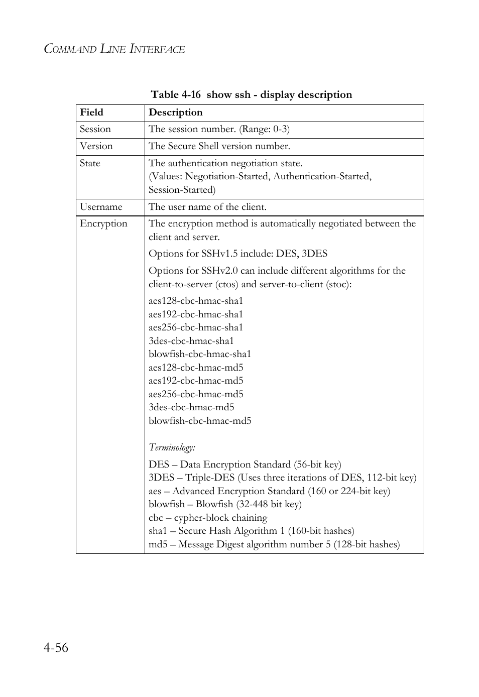 Table 4-16 show ssh - display description -56 | SMC Networks TIGERSWITCH SMC6752AL2 User Manual | Page 296 / 516
