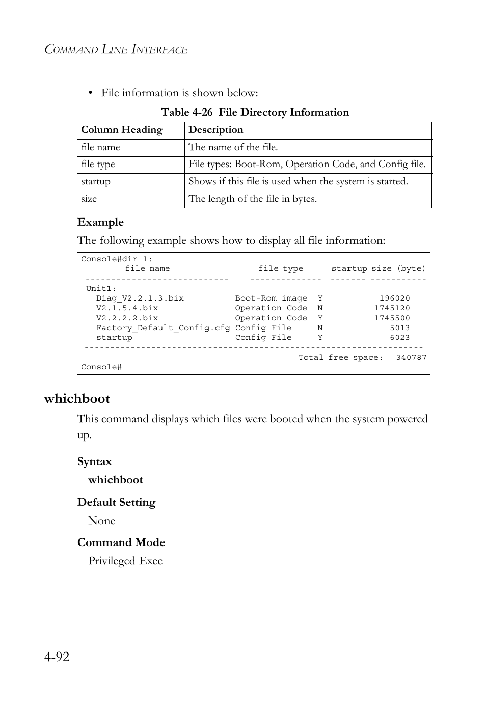 Whichboot, Whichboot -92, Table 4-26 file directory information -92 | SMC Networks TIGERSWITCH SMC6752AL2 User Manual | Page 332 / 516