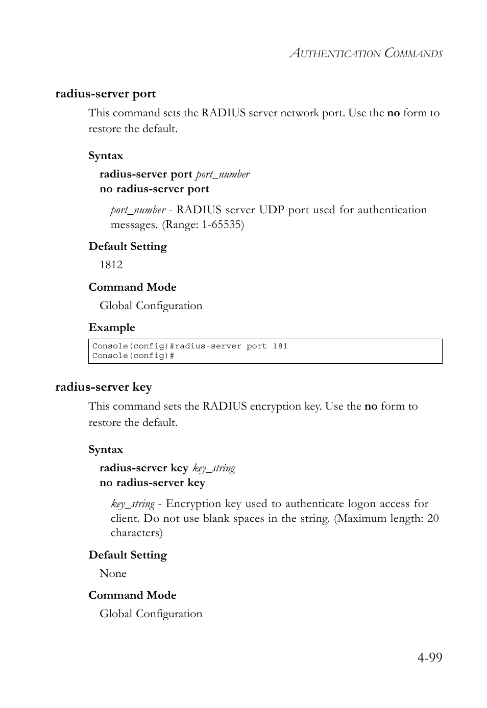 Radius-server port, Radius-server key, Radius-server port -98 radius-server key -99 | SMC Networks TIGERSWITCH SMC6752AL2 User Manual | Page 339 / 516