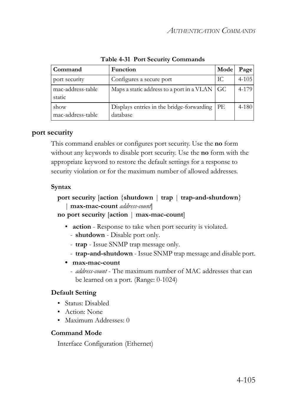 Port security, Port security -105, Table 4-31 port security commands -105 | SMC Networks TIGERSWITCH SMC6752AL2 User Manual | Page 345 / 516
