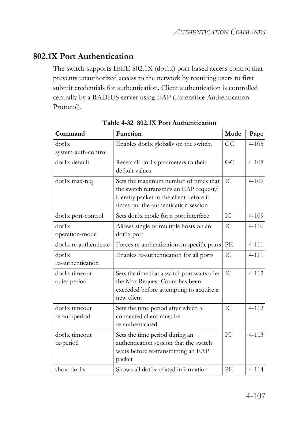 1x port authentication, 1x port authentication -107, Table 4-32 802.1x port authentication -107 | SMC Networks TIGERSWITCH SMC6752AL2 User Manual | Page 347 / 516