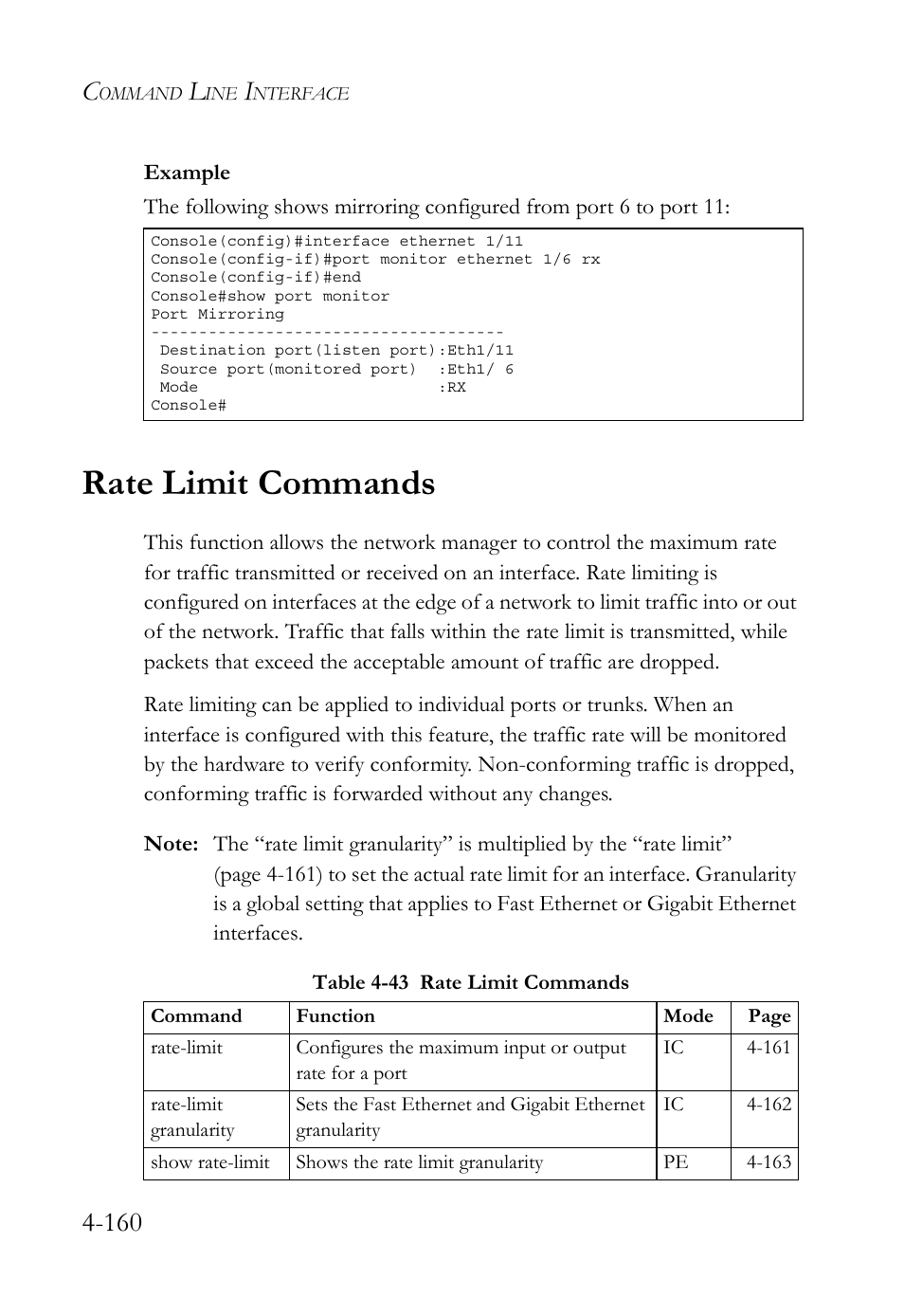 Rate limit commands, Rate limit commands -160, Table 4-43 rate limit commands -160 | SMC Networks TIGERSWITCH SMC6752AL2 User Manual | Page 400 / 516