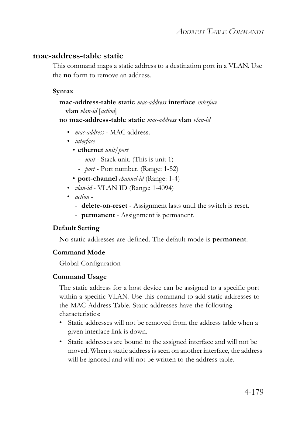 Mac-address-table static, Mac-address-table static -178, Mac-address-table static com | Mac-address-table static (4-179), 179 mac-address-table static | SMC Networks TIGERSWITCH SMC6752AL2 User Manual | Page 419 / 516