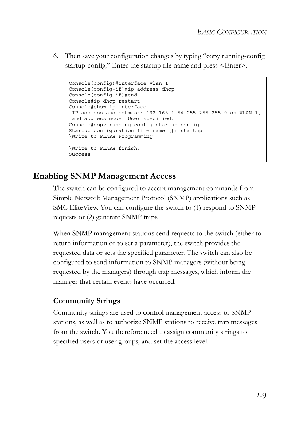 Enabling snmp management access, Community strings, Enabling snmp management access -9 | Community strings -9 | SMC Networks TIGERSWITCH SMC6752AL2 User Manual | Page 45 / 516