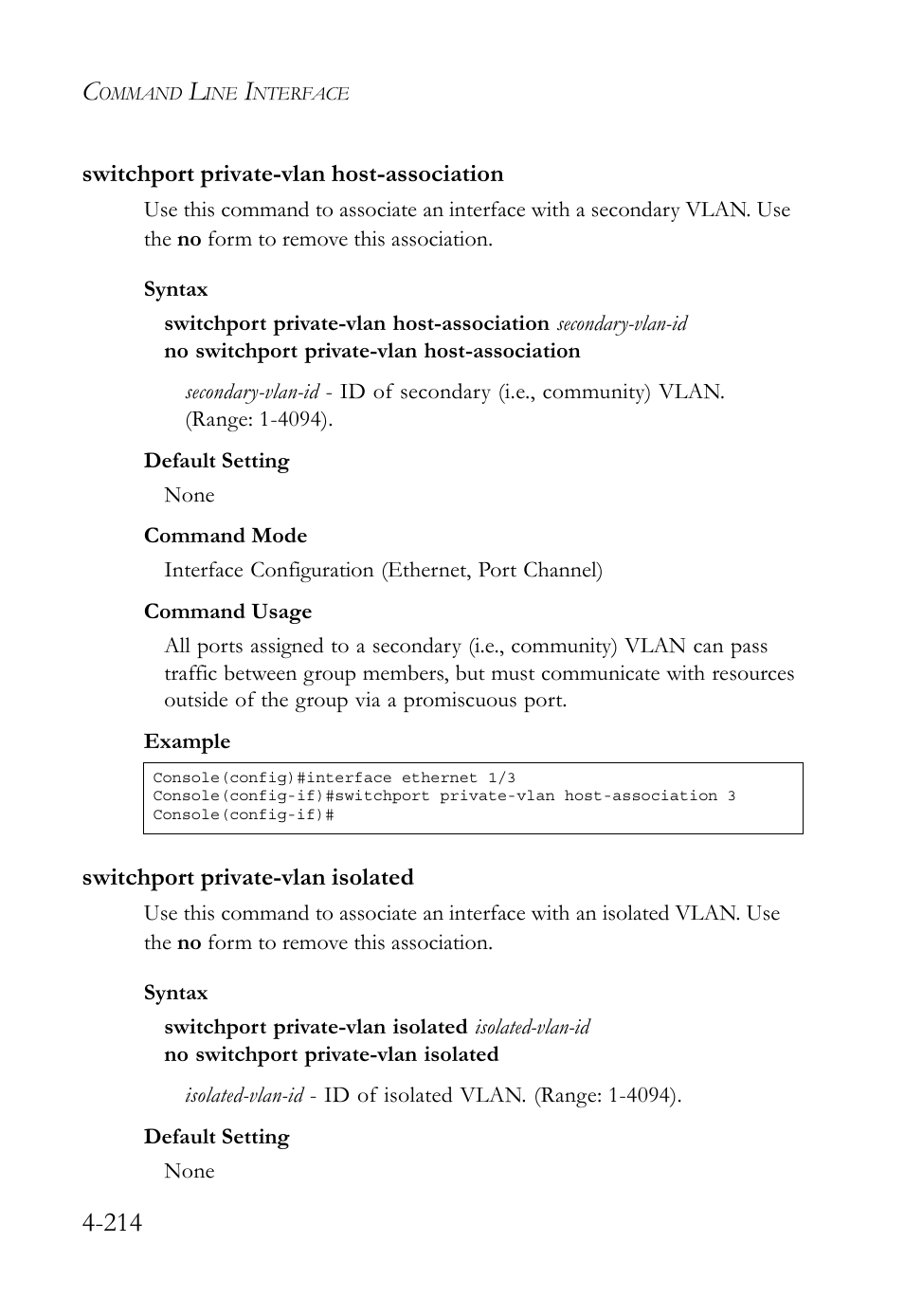 Switchport private-vlan host-association, Switchport private-vlan isolated, Switchport private-vlan host-association -213 | Ciated (4-214) | SMC Networks TIGERSWITCH SMC6752AL2 User Manual | Page 454 / 516