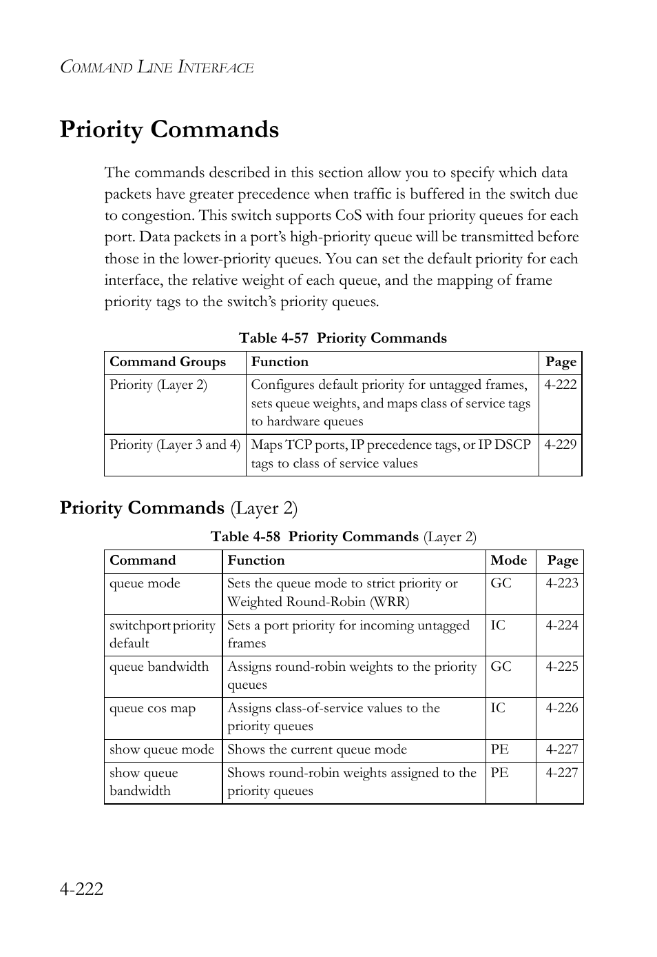Priority commands, Priority commands (layer 2), Priority commands -220 | Priority commands (layer 2) -220, Table 4-57 priority commands -221, Table 4-58 priority commands (layer 2) -221 | SMC Networks TIGERSWITCH SMC6752AL2 User Manual | Page 462 / 516