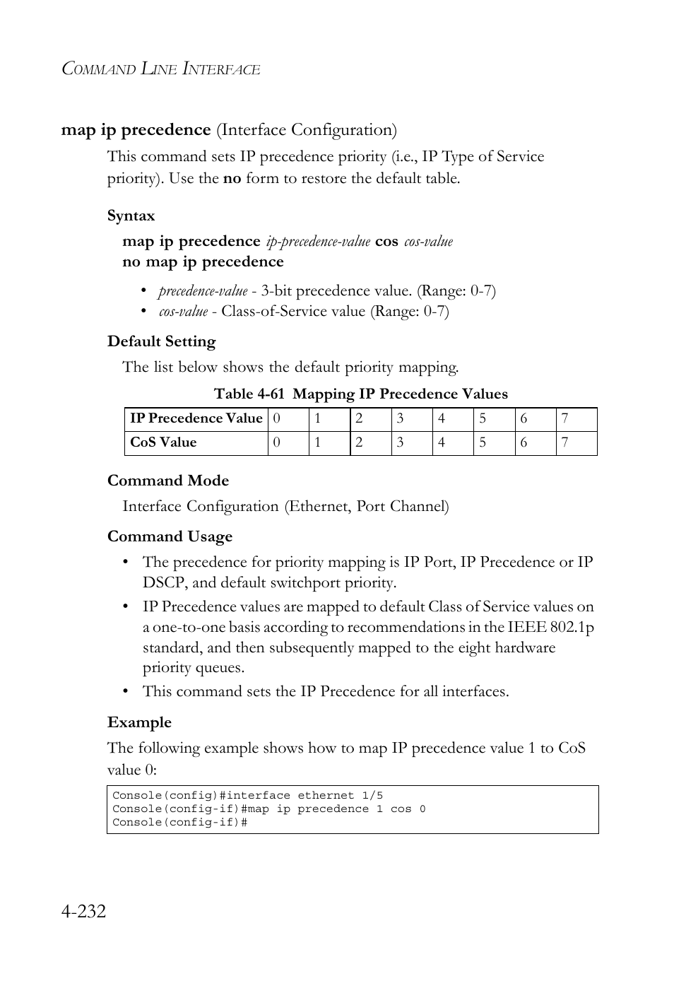 Map ip precedence (interface configuration), Map ip precedence (interface configuration) -230, Table 4-61 mapping ip precedence values -231 | SMC Networks TIGERSWITCH SMC6752AL2 User Manual | Page 472 / 516