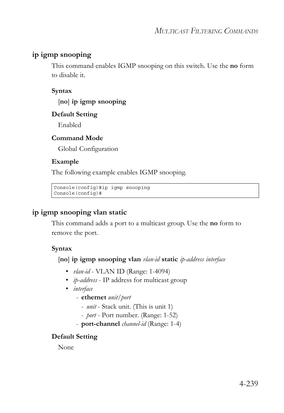 Ip igmp snooping, Ip igmp snooping vlan static | SMC Networks TIGERSWITCH SMC6752AL2 User Manual | Page 479 / 516