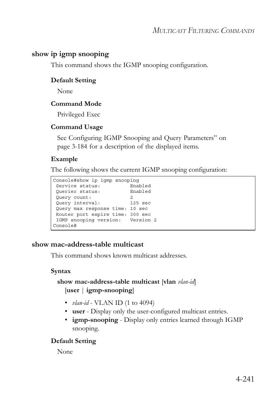 Show ip igmp snooping, Show mac-address-table multicast | SMC Networks TIGERSWITCH SMC6752AL2 User Manual | Page 481 / 516