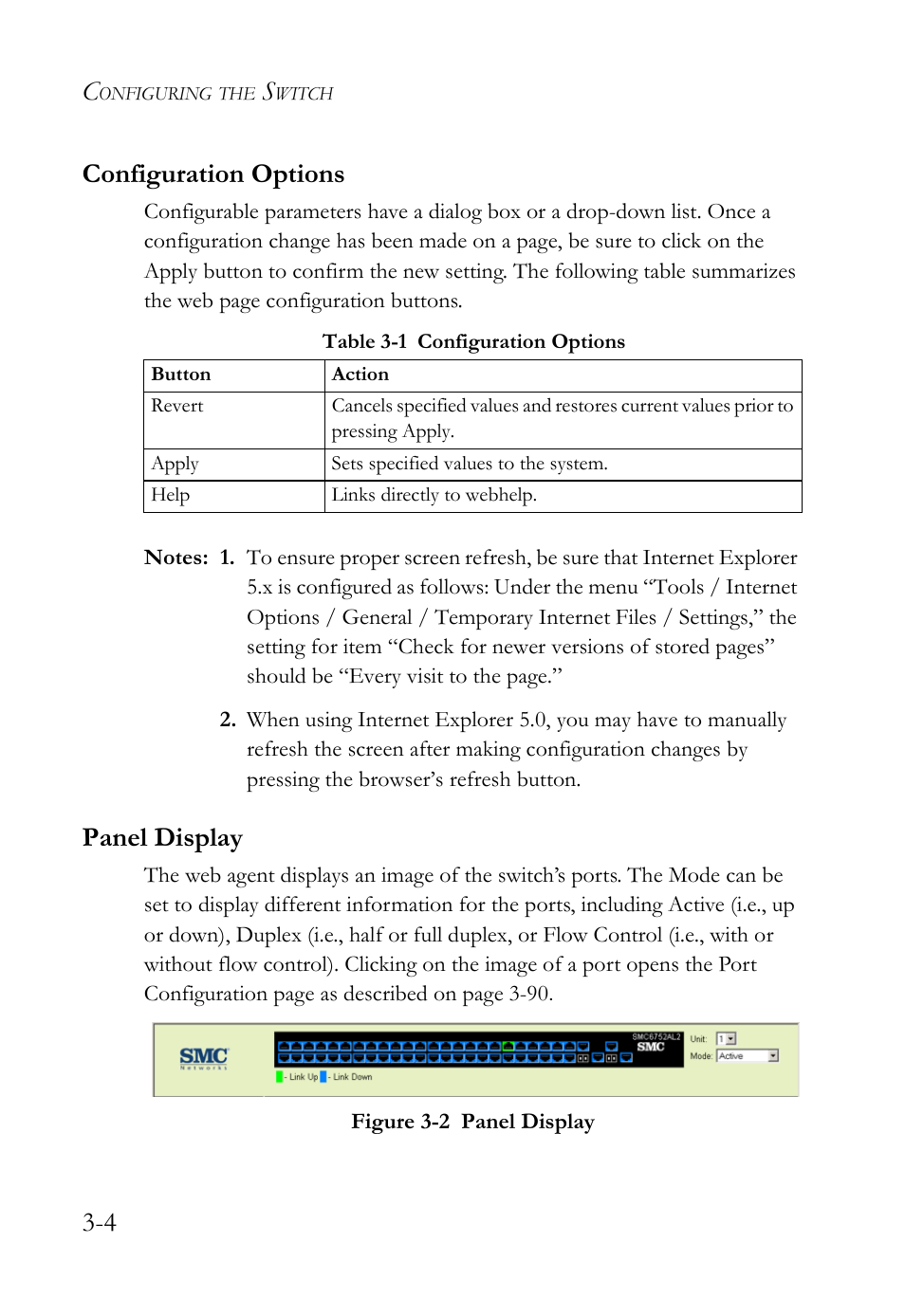 Configuration options, Panel display, Configuration options -4 panel display -4 | Table 3-1, Configuration options -4, Figure 3-2, Panel display -4, 4 configuration options | SMC Networks TIGERSWITCH SMC6752AL2 User Manual | Page 52 / 516