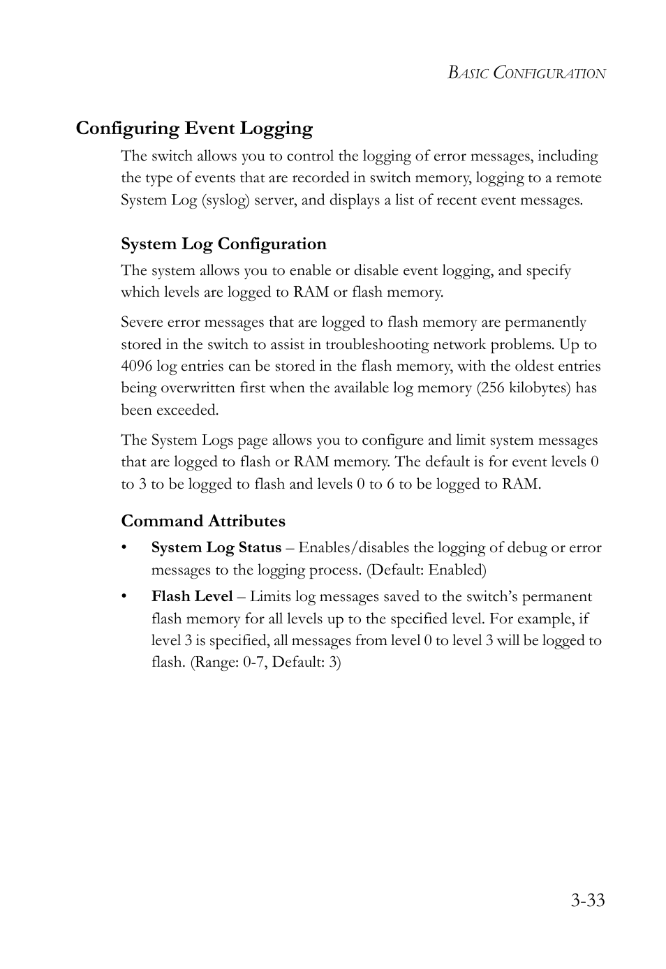 Configuring event logging, System log configuration, Configuring event logging -33 | System log configuration -33, 33 configuring event logging | SMC Networks TIGERSWITCH SMC6752AL2 User Manual | Page 81 / 516