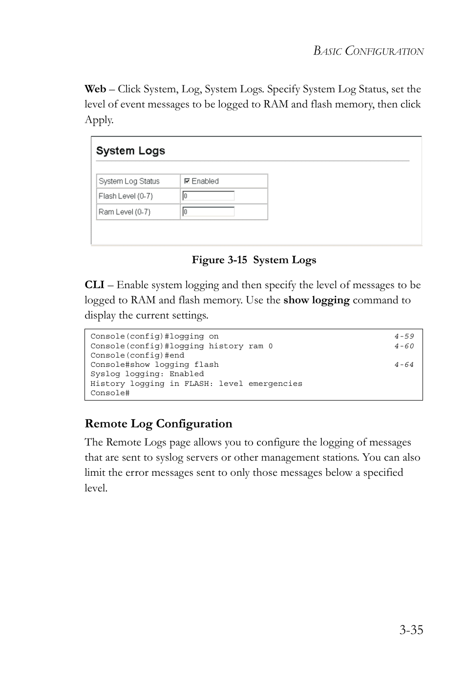 Remote log configuration, Remote log configuration -35, Figure 3-15 system logs -35 | SMC Networks TIGERSWITCH SMC6752AL2 User Manual | Page 83 / 516