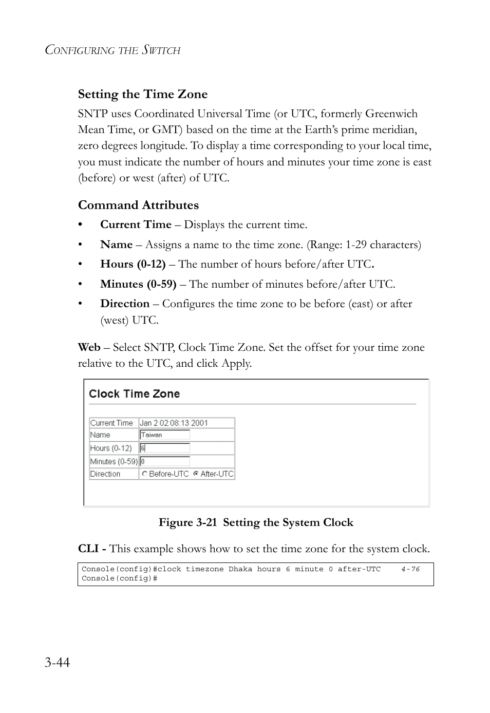 Setting the time zone, Setting the time zone -44, Figure 3-21 setting the system clock -44 | SMC Networks TIGERSWITCH SMC6752AL2 User Manual | Page 92 / 516