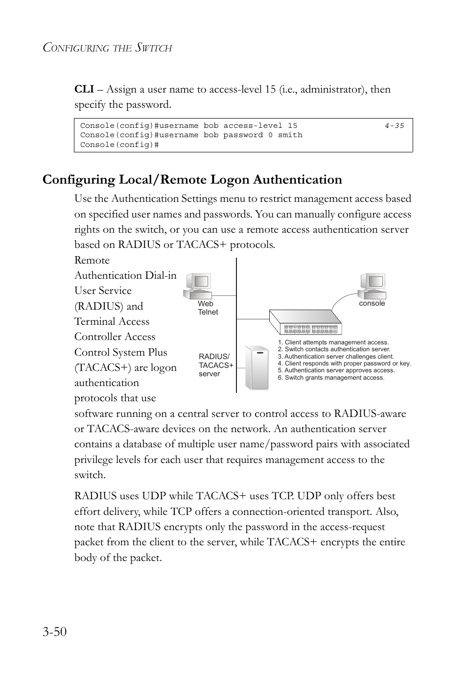 Configuring local/remote logon authentication, Configuring local/remote logon authentication -50 | SMC Networks TIGERSWITCH SMC6752AL2 User Manual | Page 98 / 516