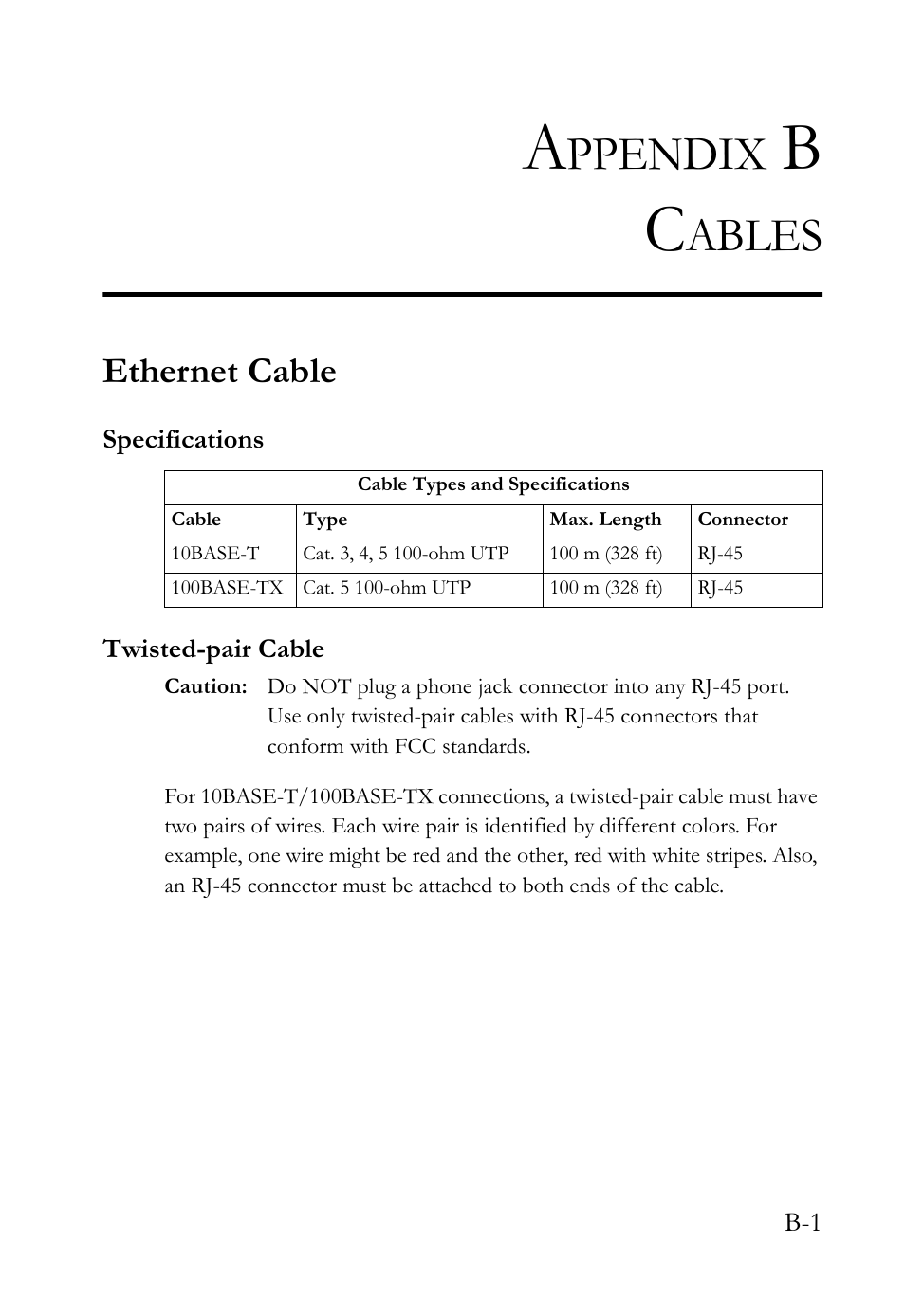 Appendix b cables, Ethernet cable, Specifications | Twisted-pair cable, Ppendix, Ables | SMC Networks SMC Barricade SMC7004VBR User Manual | Page 113 / 122