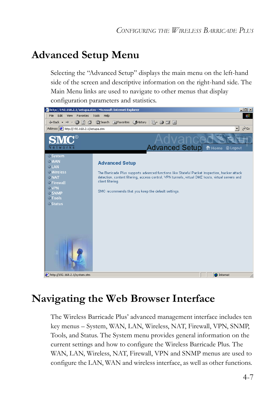 Advanced setup menu, Navigating the web browser interface | SMC Networks SMC Barricade Plus SMC7004WFW User Manual | Page 37 / 146