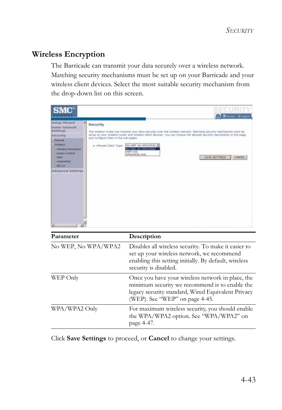 43 wireless encryption | SMC Networks SMCWBR14-G2 User Manual | Page 89 / 132