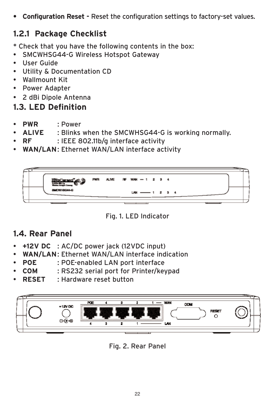 1 package checklist, Led definition, Rear panel | SMC Networks SMCWHSG44-G User Manual | Page 23 / 100