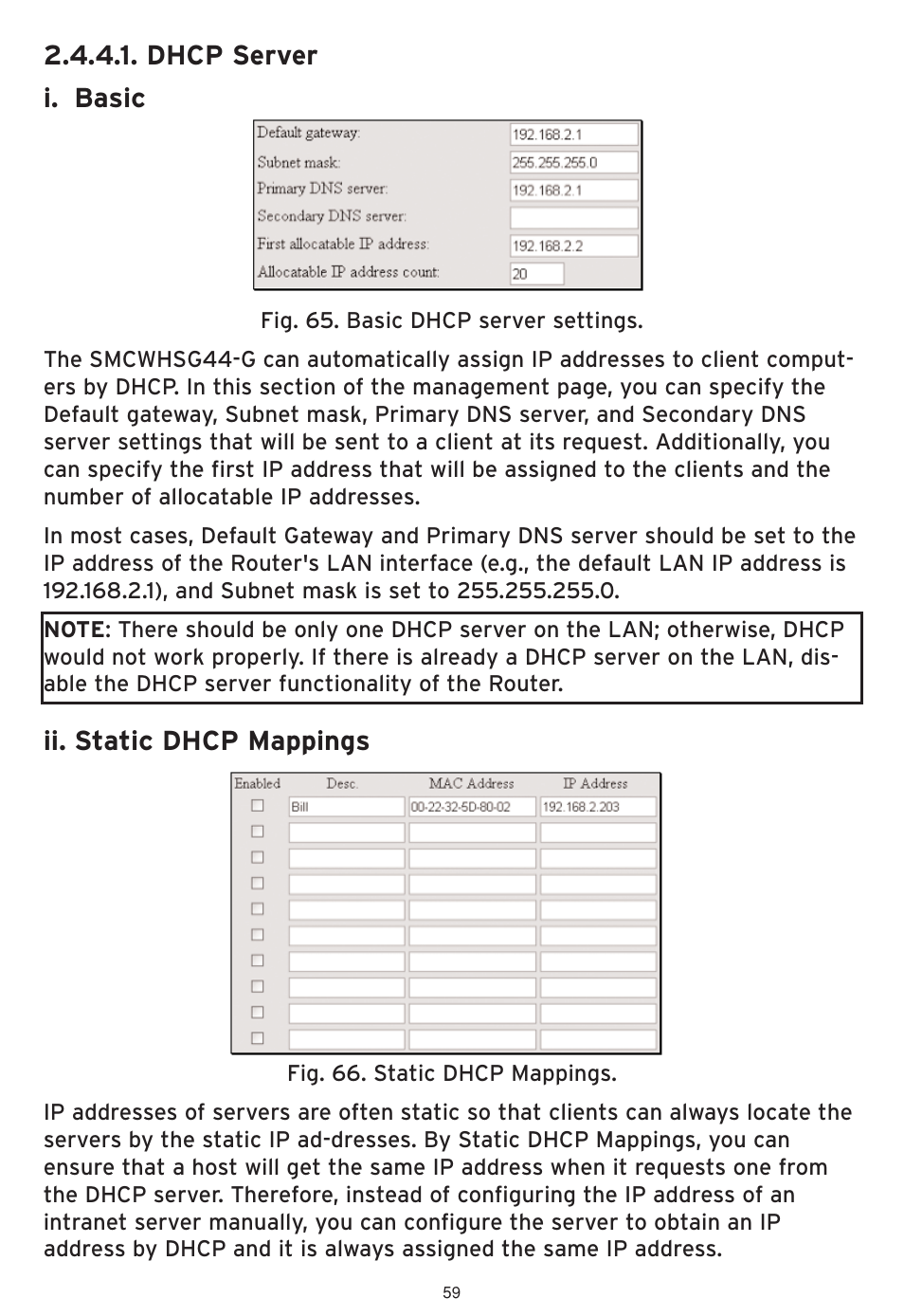 Dhcp server i. basic, Ii. static dhcp mappings | SMC Networks SMCWHSG44-G User Manual | Page 60 / 100