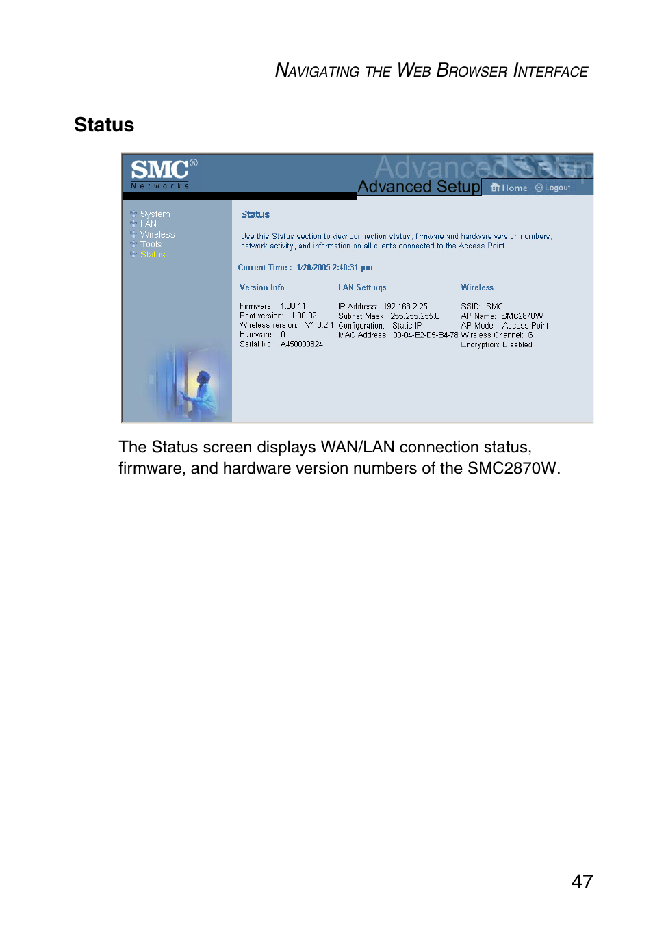 Status, 47 status | SMC Networks SMC2870W User Manual | Page 59 / 74