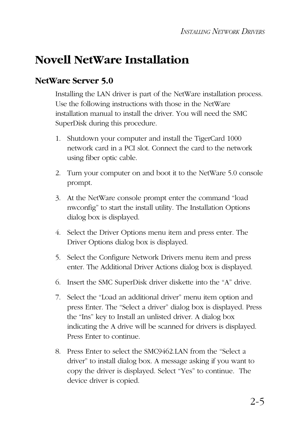 Novell netware installation, Netware server 5.0 | SMC Networks TigerCard 1000 User Manual | Page 24 / 58