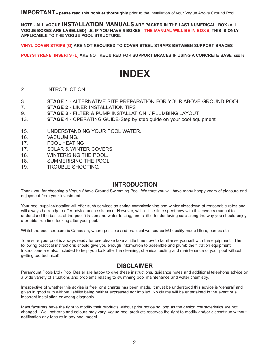 Index, Introduction, Disclaimer | Important, Installation manuals | Vogue Industrial ABOVE GROUND SWIMMING POOL User Manual | Page 2 / 20