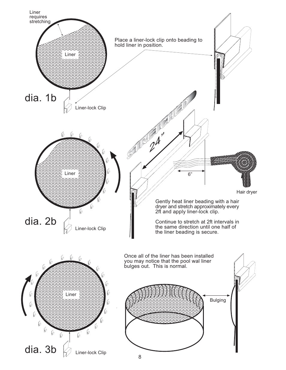 Stretched, Stretched 24, Dia. 1b dia. 2b dia. 3b | Vogue Industrial ABOVE GROUND SWIMMING POOL User Manual | Page 8 / 20
