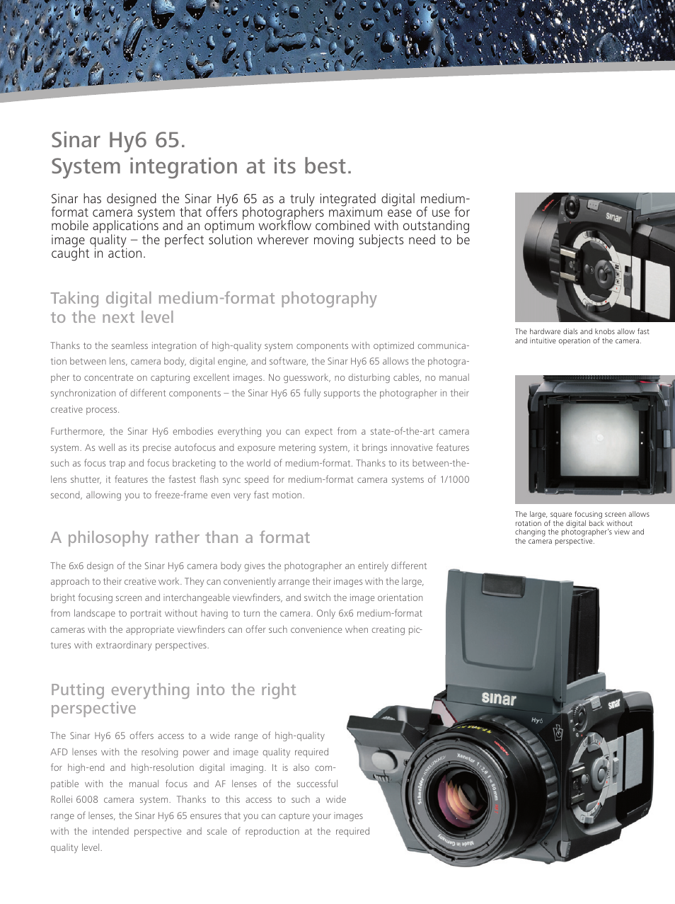Sinar hy6 65. system integration at its best, A philosophy rather than a format, Putting everything into the right perspective | Sinar Hy6 65 User Manual | Page 2 / 6