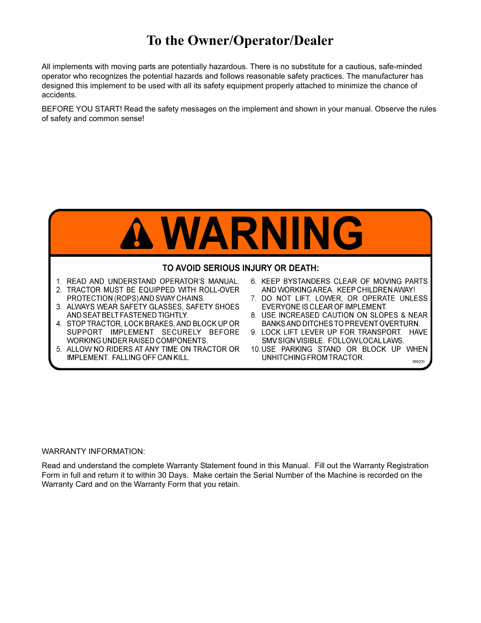 To the owner/operator/dealer | Servis-Rhino 4211B User Manual | Page 2 / 104