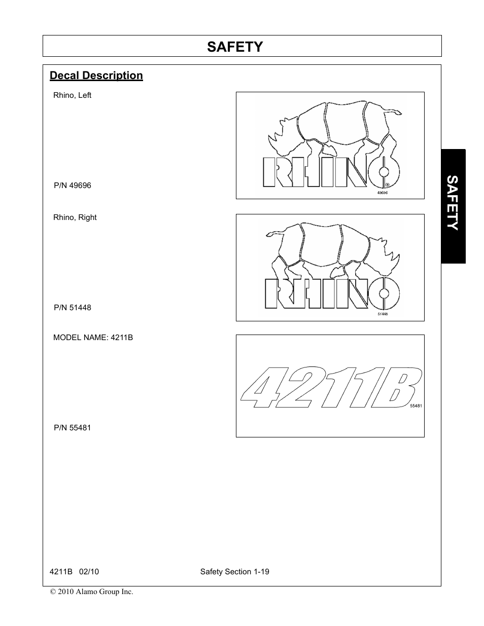 Decal description, Decal description -19, Safety | Servis-Rhino 4211B User Manual | Page 23 / 104