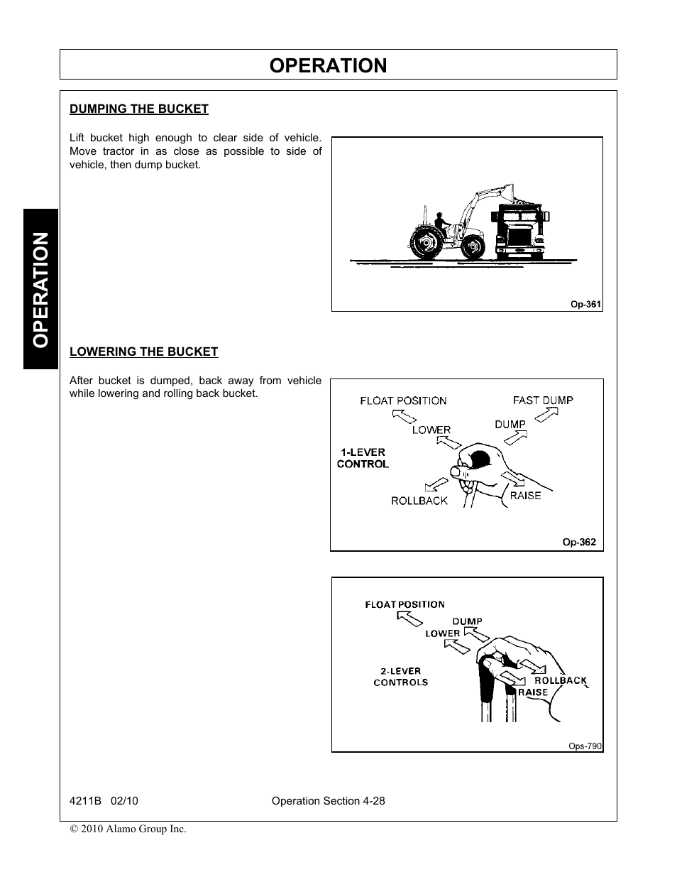 Dumping the bucket, Lowering the bucket, Operation | Opera t ion | Servis-Rhino 4211B User Manual | Page 74 / 104