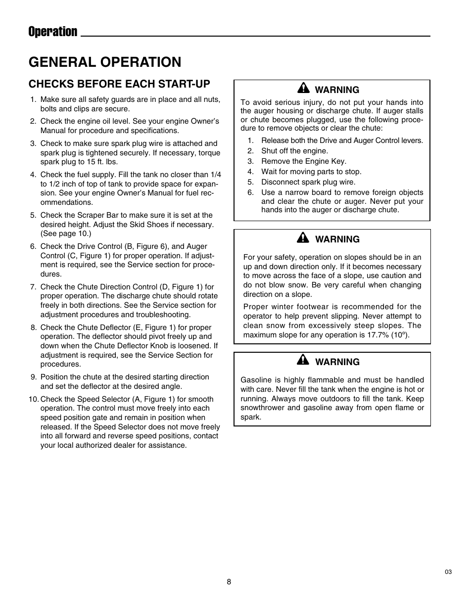 General operation, Operation, Checks before each start-up | Simplicity 1693763 860M User Manual | Page 12 / 26