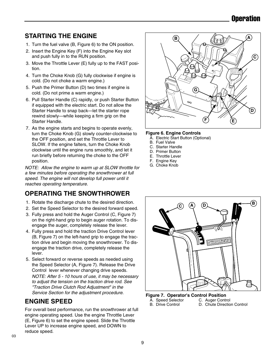 Operation, Starting the engine, Operating the snowthrower | Engine speed | Simplicity 1693763 860M User Manual | Page 13 / 26