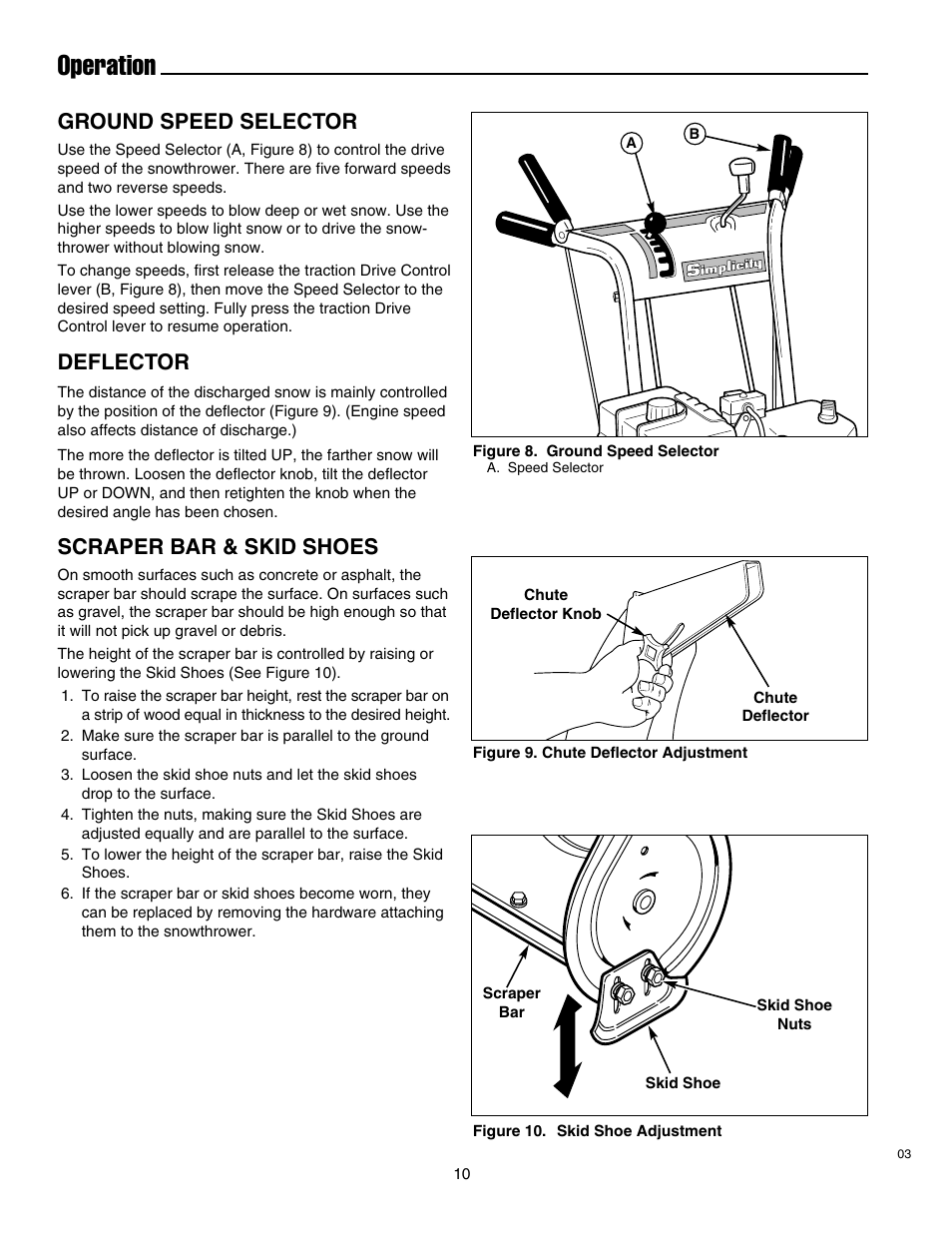 Operation, Ground speed selector, Deflector | Scraper bar & skid shoes | Simplicity 1693763 860M User Manual | Page 14 / 26