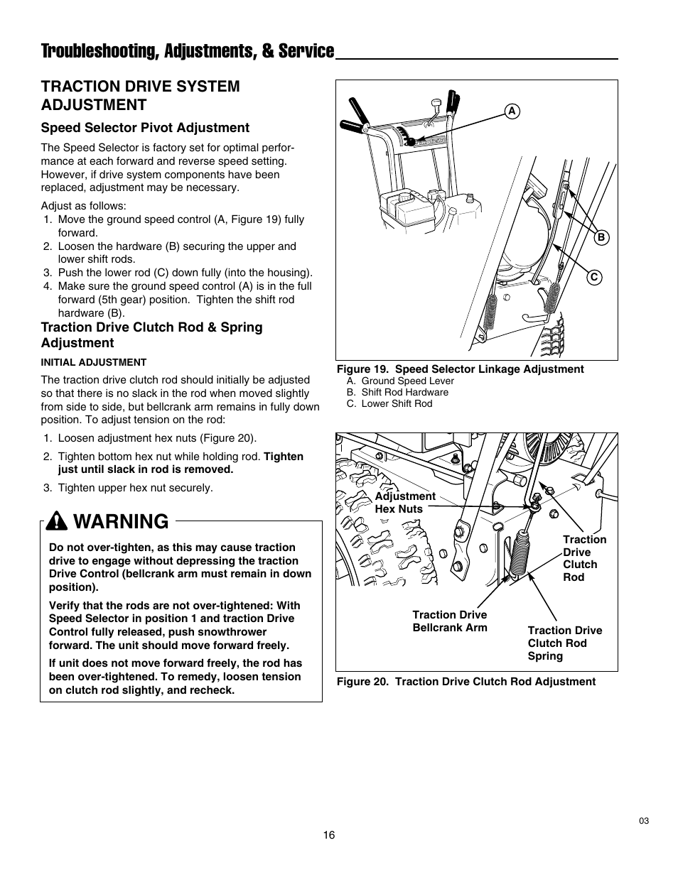 Troubleshooting, adjustments, & service, Warning, Traction drive system adjustment | Simplicity 1693763 860M User Manual | Page 20 / 26