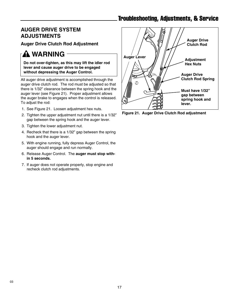 Troubleshooting, adjustments, & service, Warning, Auger drive system adjustments | Simplicity 1693763 860M User Manual | Page 21 / 26