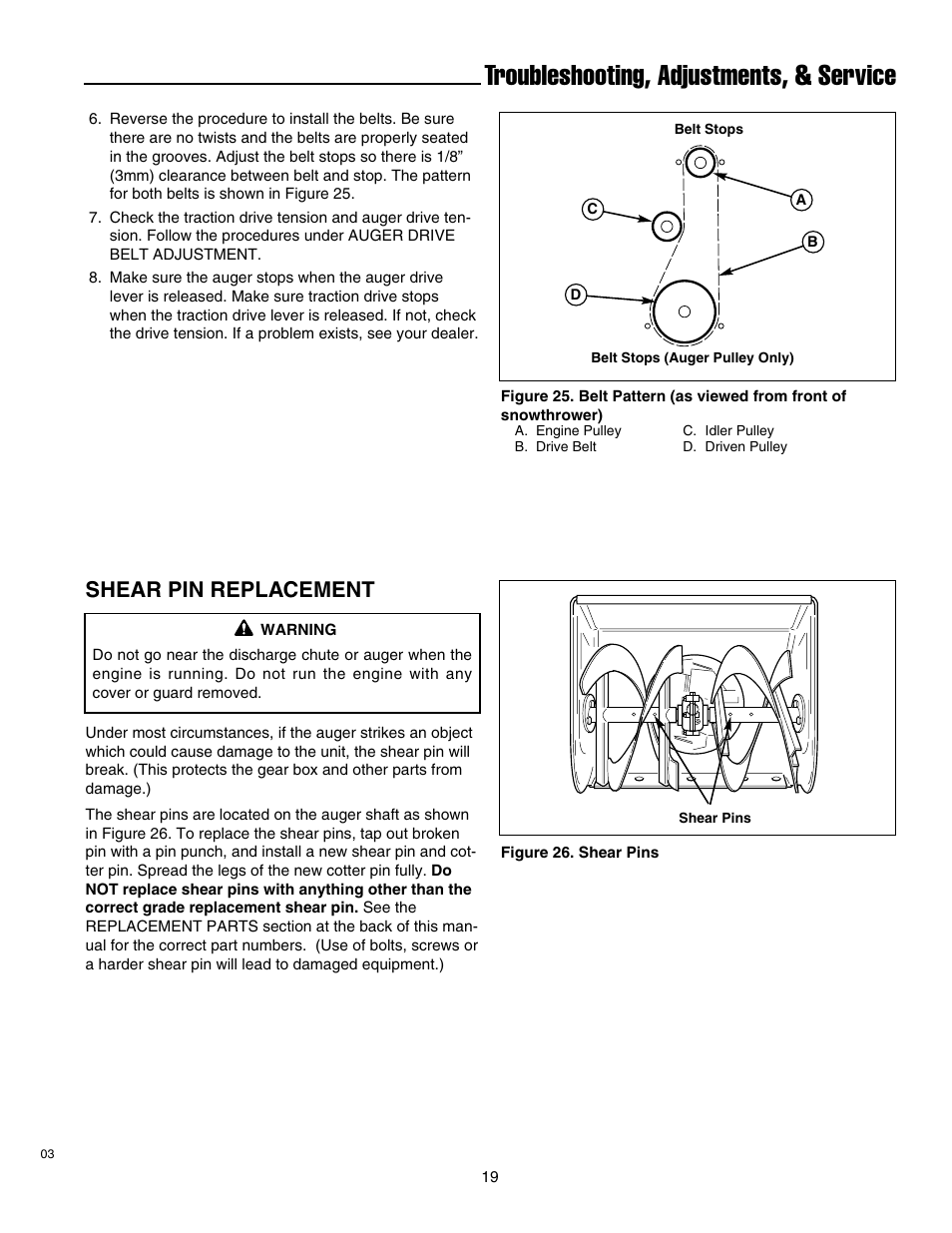 Troubleshooting, adjustments, & service, Shear pin replacement | Simplicity 1693763 860M User Manual | Page 23 / 26