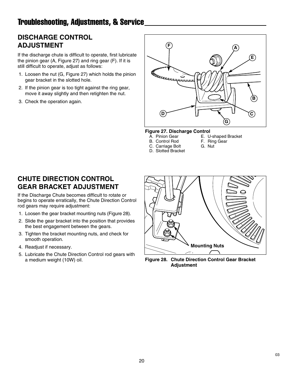 Troubleshooting, adjustments, & service, Discharge control adjustment, Chute direction control gear bracket adjustment | Simplicity 1693763 860M User Manual | Page 24 / 26