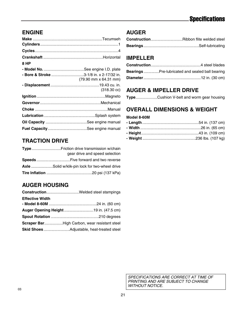 Specifications, Engine, Traction drive | Auger housing, Auger, Impeller, Auger & impeller drive, Overall dimensions & weight | Simplicity 1693763 860M User Manual | Page 25 / 26