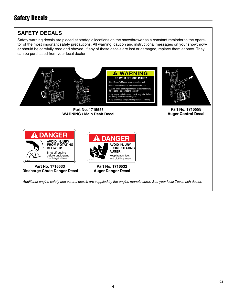 Safety decals, Danger, Warning | Simplicity 1693763 860M User Manual | Page 8 / 26