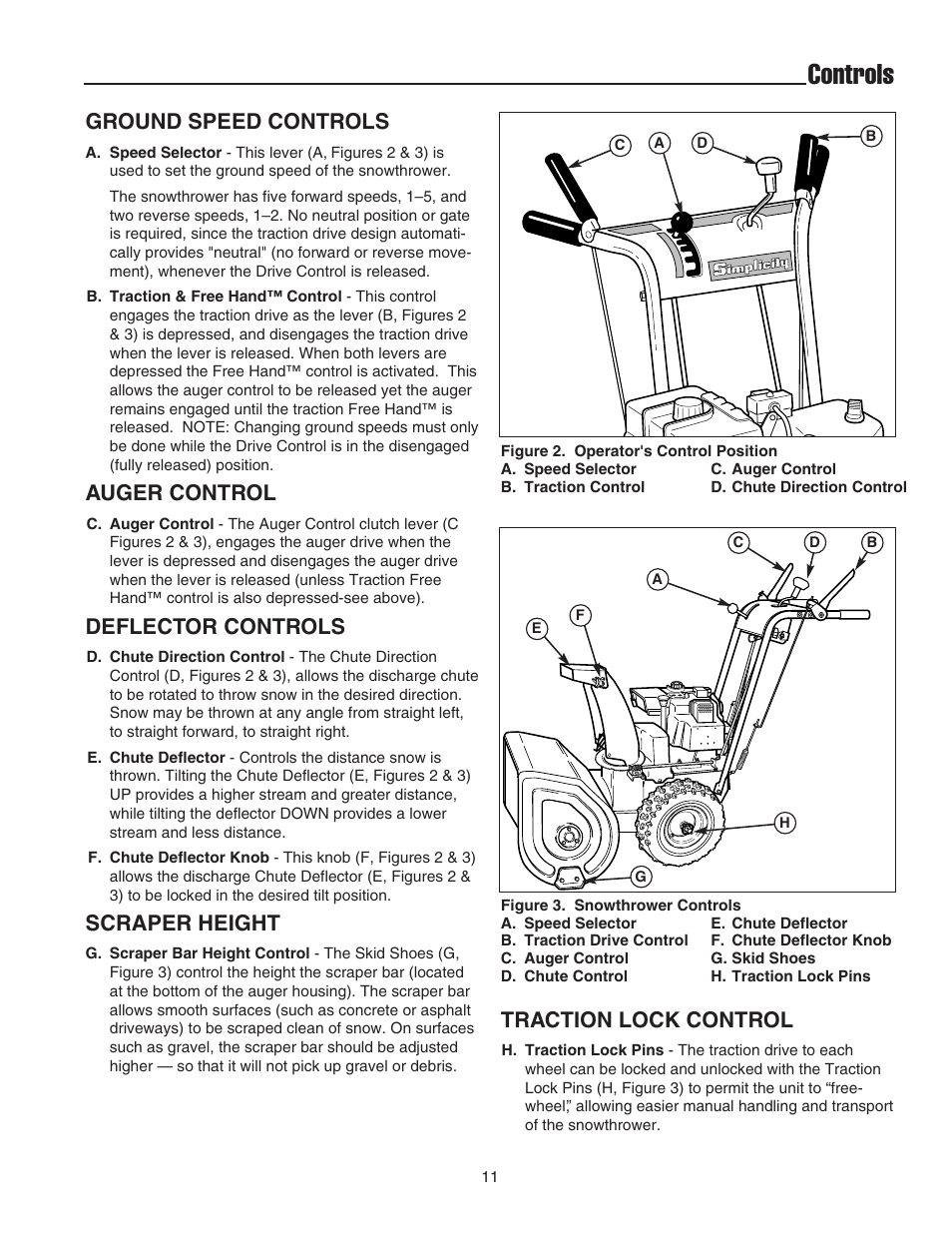 Controls, Ground speed controls, Auger control | Deflector controls, Scraper height, Traction lock control | Simplicity 1694435 User Manual | Page 15 / 32