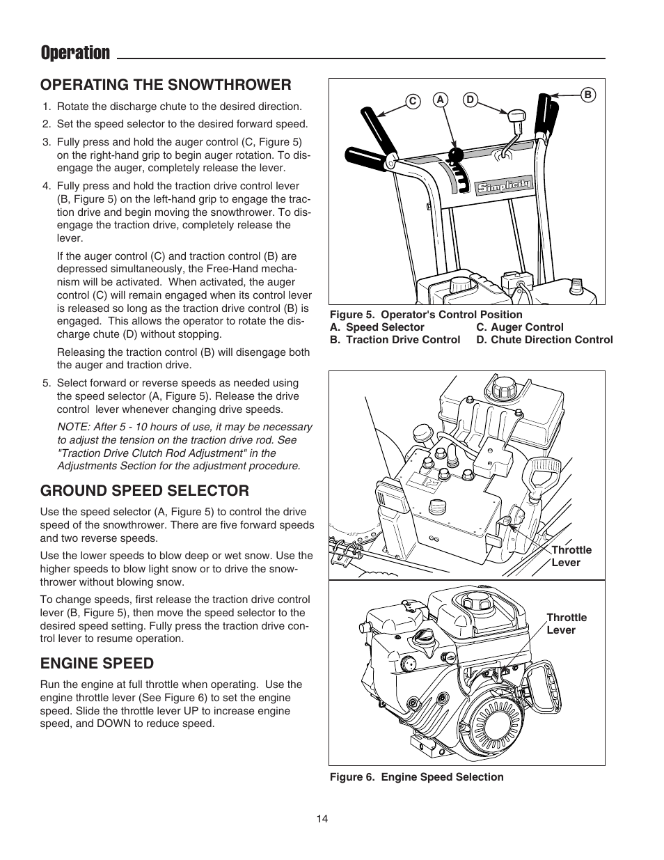 Operation, Operating the snowthrower, Ground speed selector | Engine speed | Simplicity 1694435 User Manual | Page 18 / 32