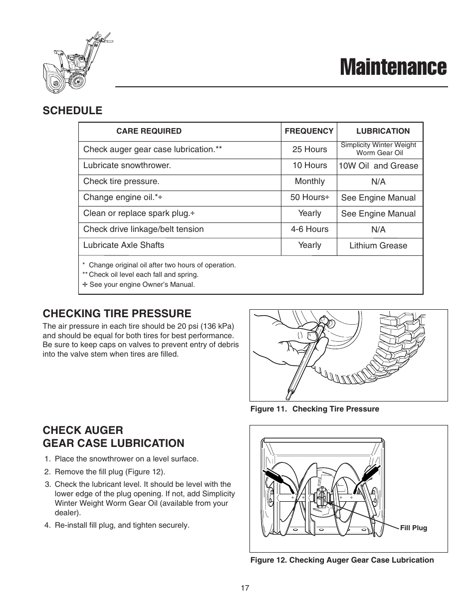 Maintenance, Schedule check auger gear case lubrication, Checking tire pressure | Simplicity 1694435 User Manual | Page 21 / 32
