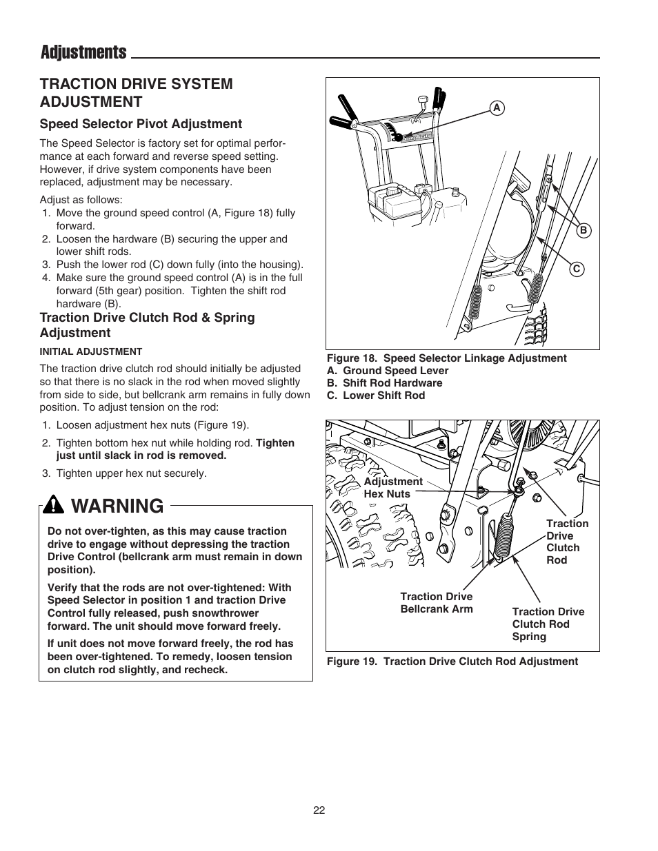 Adjustments, Warning, Traction drive system adjustment | Simplicity 1694435 User Manual | Page 26 / 32