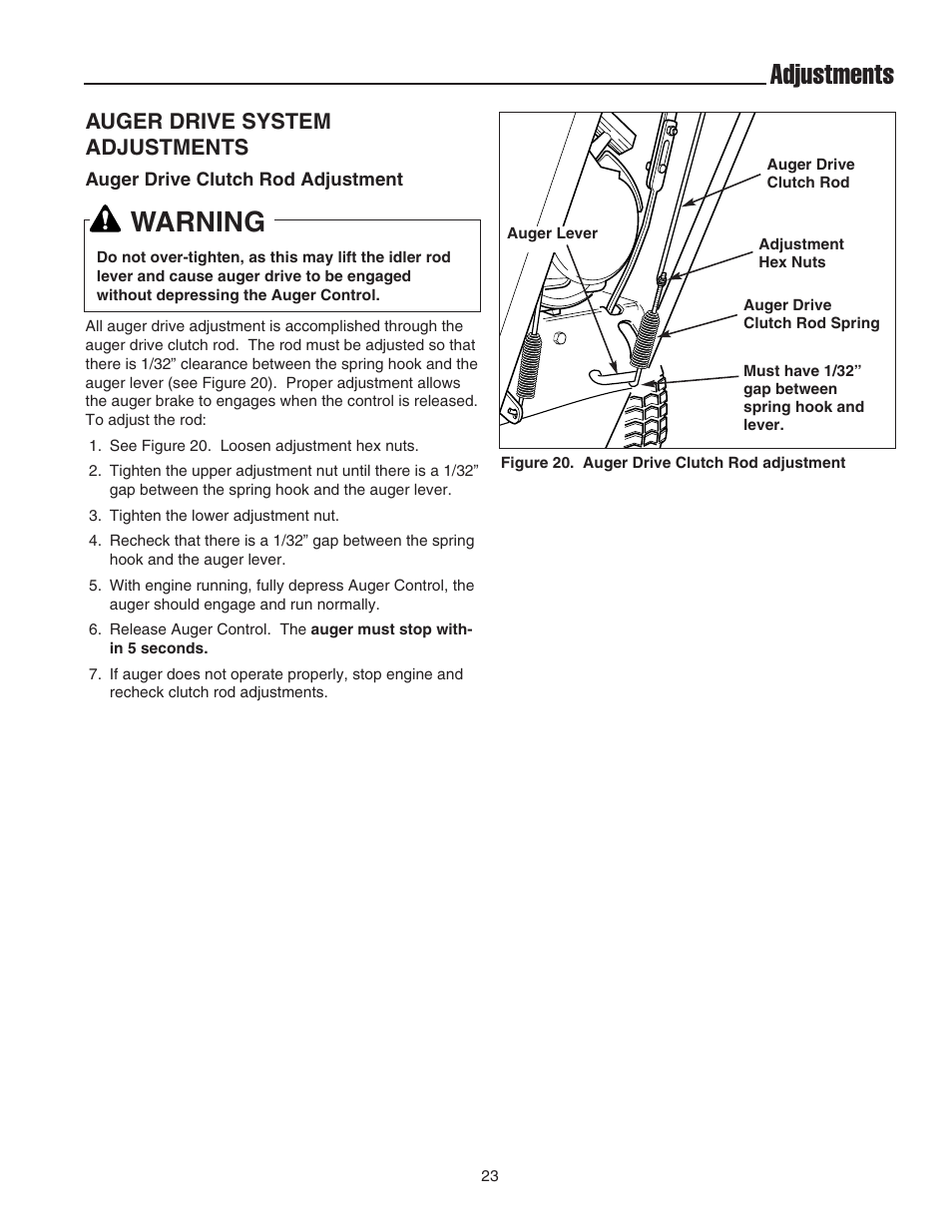 Adjustments, Warning, Auger drive system adjustments | Simplicity 1694435 User Manual | Page 27 / 32