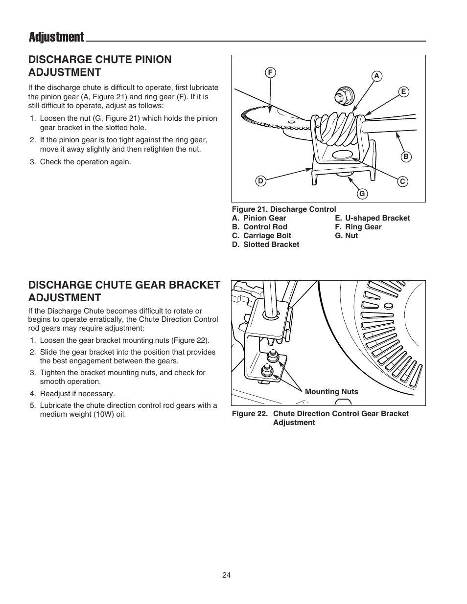 Adjustment, Discharge chute pinion adjustment, Discharge chute gear bracket adjustment | Simplicity 1694435 User Manual | Page 28 / 32