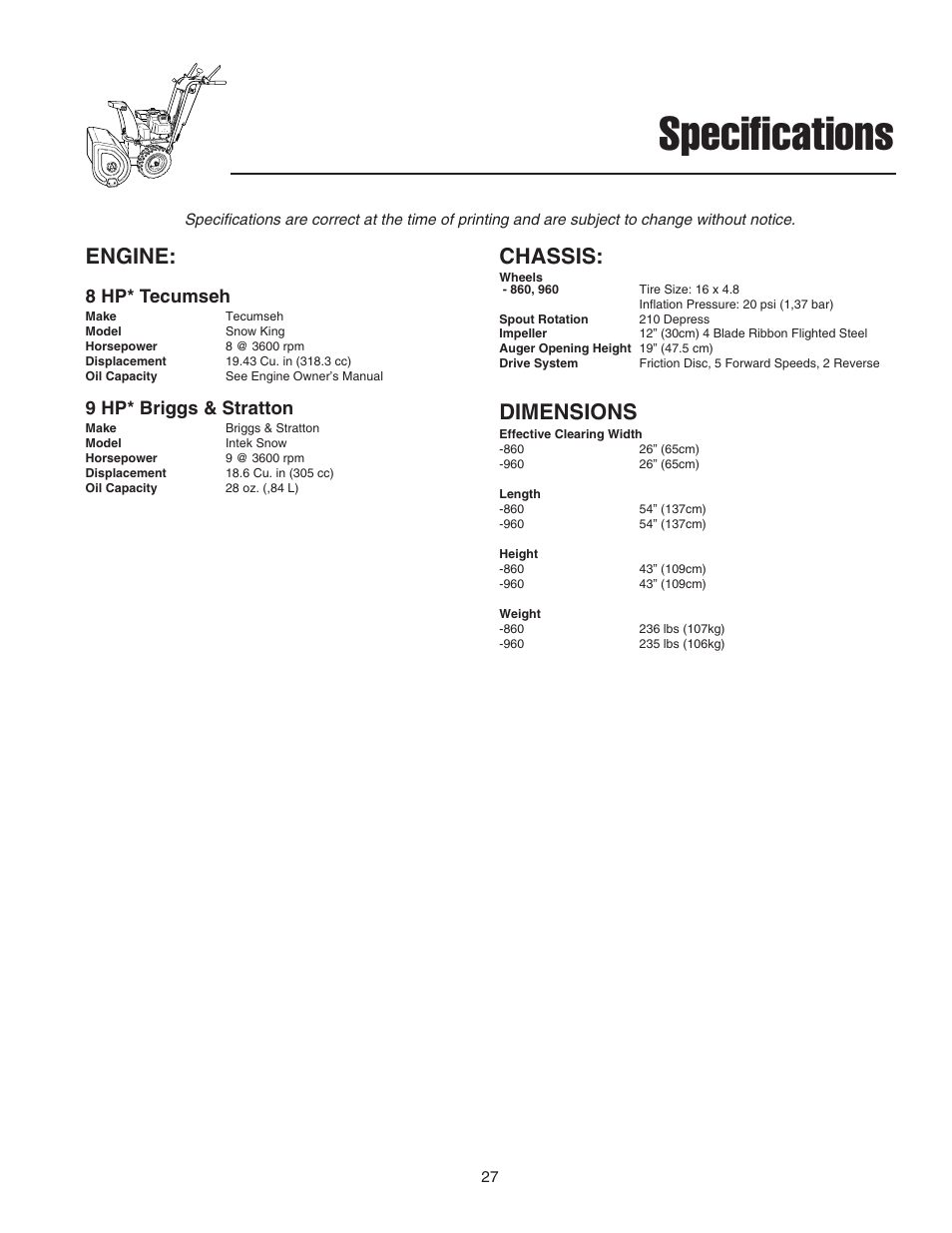 Specifications, Engine, Chassis | Dimensions, 8 hp* tecumseh, 9 hp* briggs & stratton | Simplicity 1694435 User Manual | Page 31 / 32