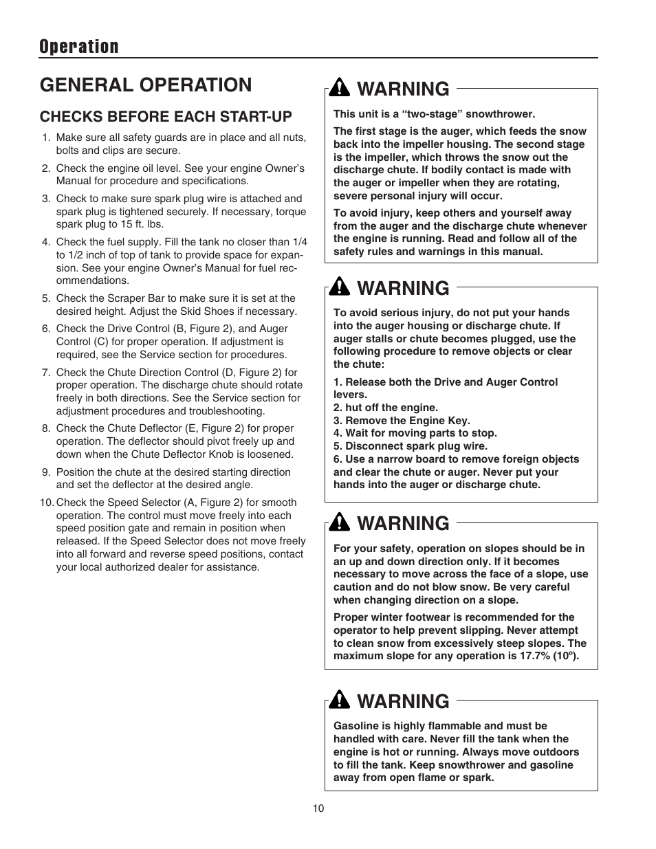 Operation, General operation, Warning | Checks before each start-up | Simplicity 1694441 User Manual | Page 14 / 30