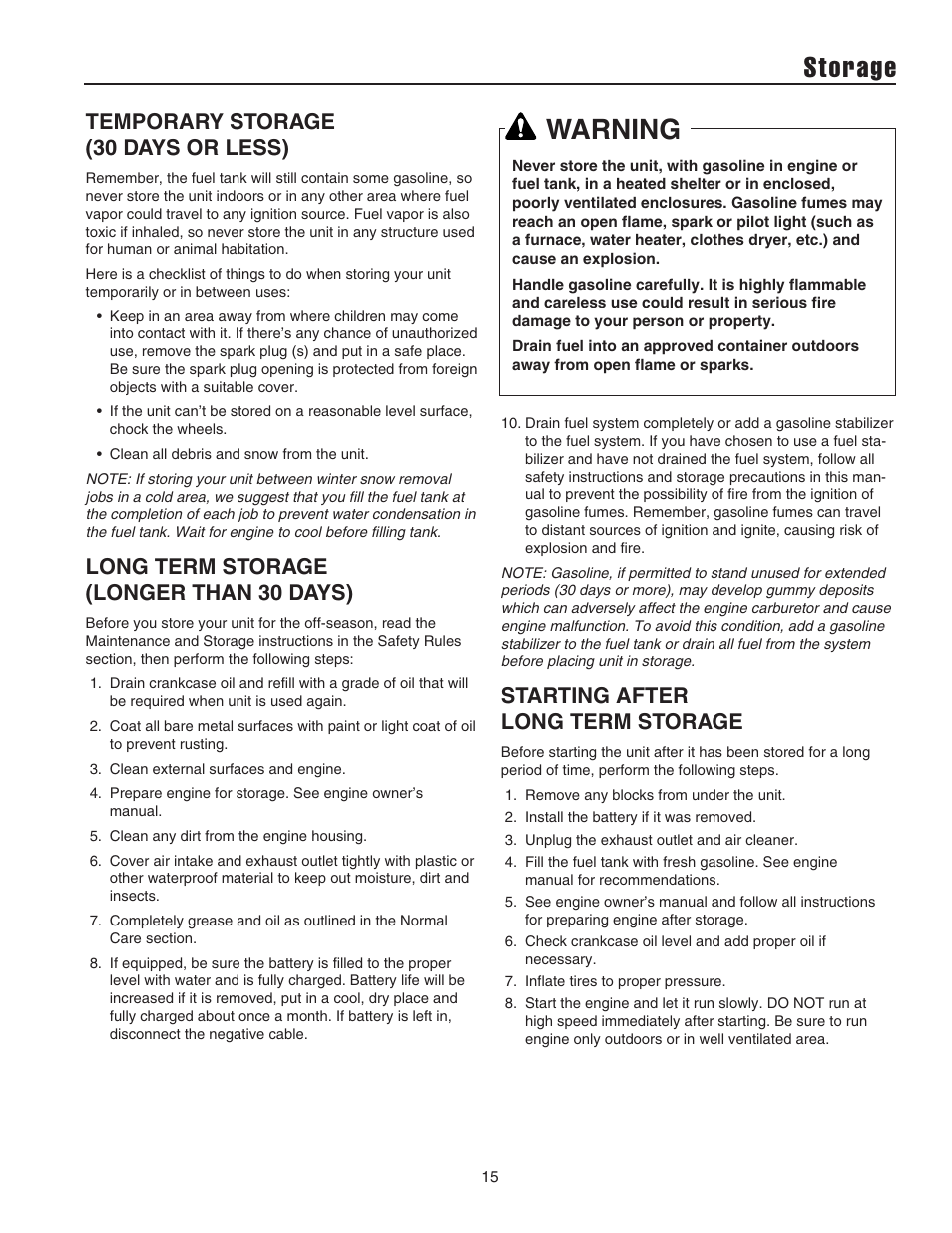 Storage, Warning, Temporary storage (30 days or less) | Long term storage (longer than 30 days), Starting after long term storage | Simplicity 1694441 User Manual | Page 19 / 30